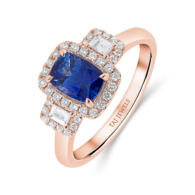 Elongated Cushion Cut Blue Sapphire Diamond Trilogy Ring