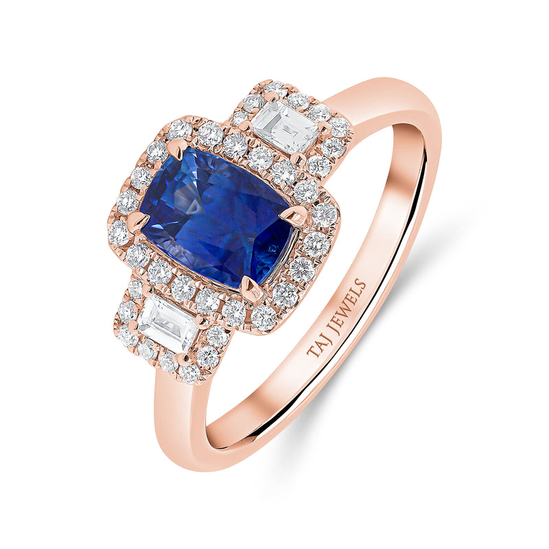 Elongated Cushion Cut Blue Sapphire Diamond Trilogy Ring