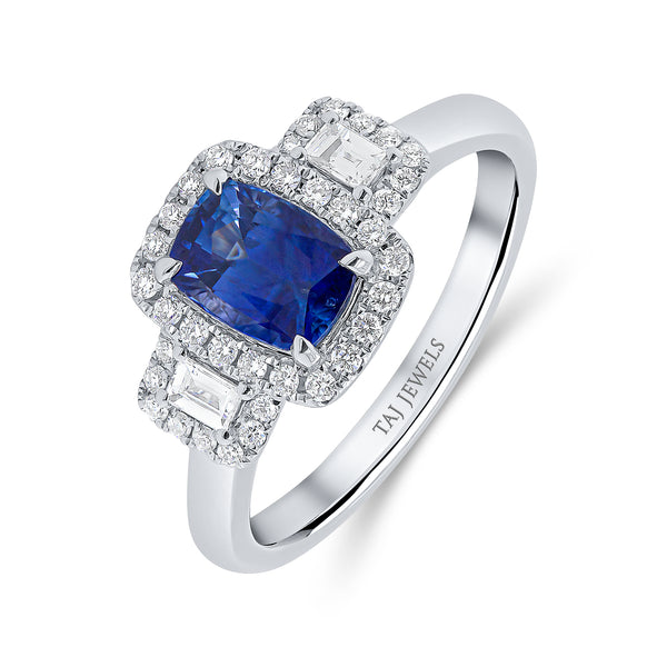 Elongated Cushion Cut Blue Sapphire Diamond Trilogy Ring