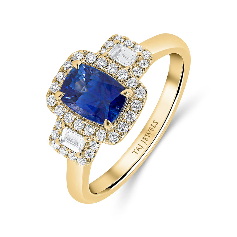 Elongated Cushion Cut Blue Sapphire Diamond Trilogy Ring