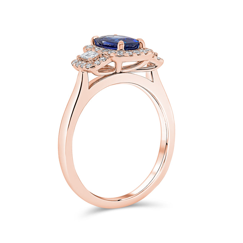 Elongated Cushion Cut Blue Sapphire Diamond Trilogy Ring