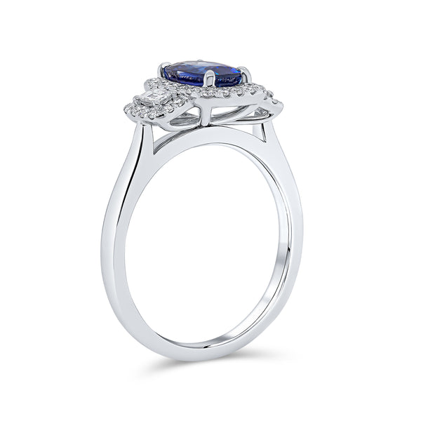 Elongated Cushion Cut Blue Sapphire Diamond Trilogy Ring
