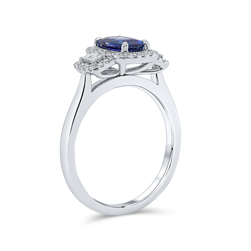 Elongated Cushion Cut Blue Sapphire Diamond Trilogy Ring