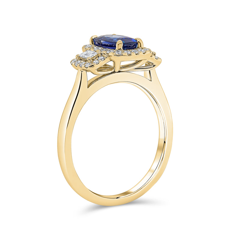 Elongated Cushion Cut Blue Sapphire Diamond Trilogy Ring