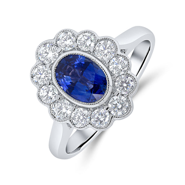 Oval Cut Blue Sapphire & Round Diamond Halo Ring