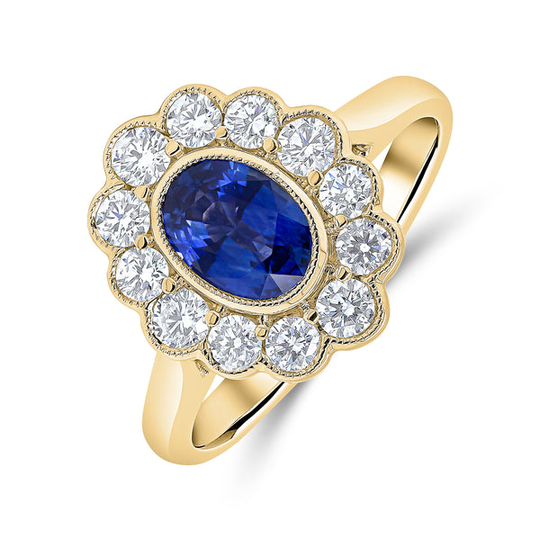 Oval Cut Blue Sapphire & Round Diamond Halo Ring