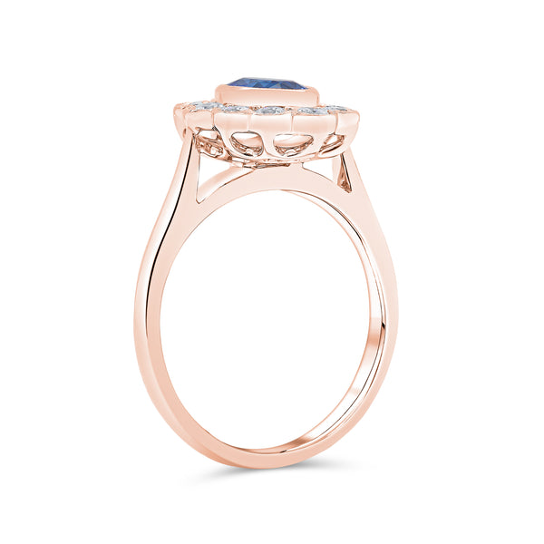 Oval Cut Blue Sapphire & Round Diamond Halo Ring