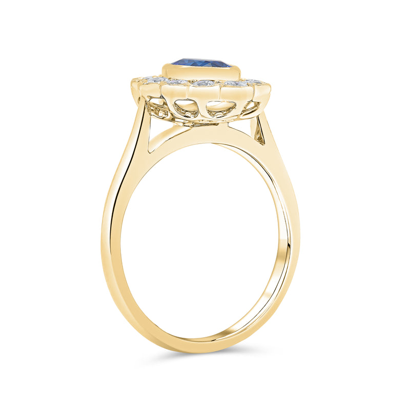 Oval Cut Blue Sapphire & Round Diamond Halo Ring