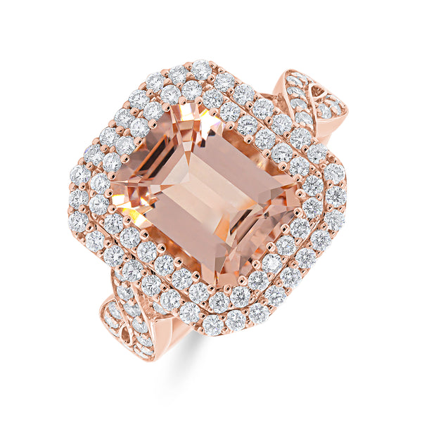 Radiant Double Halo Cross Over Morganite and Diamond Ring