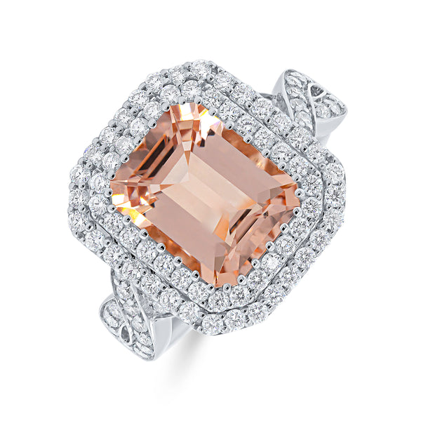 Radiant Double Halo Cross Over Morganite and Diamond Ring