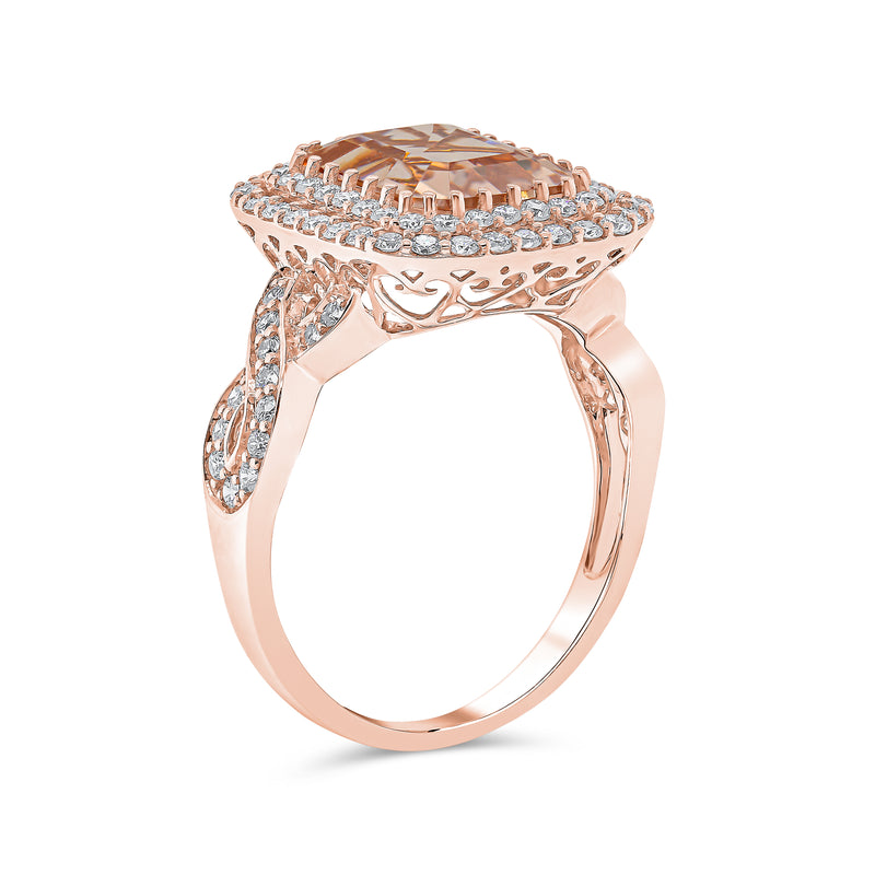 Radiant Double Halo Cross Over Morganite and Diamond Ring