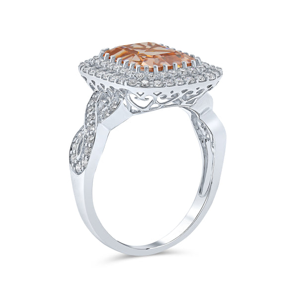 Radiant Double Halo Cross Over Morganite and Diamond Ring