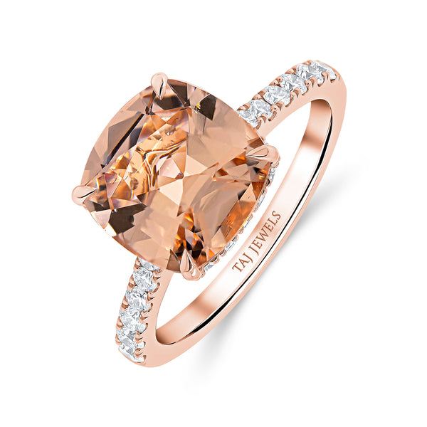 Morganite Cushion Cut Centre & Diamond Under Halo Ring