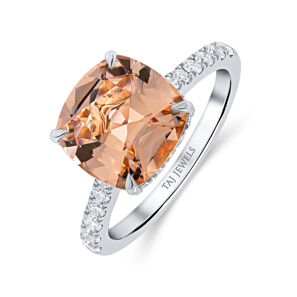 Morganite Cushion Cut Centre & Diamond Under Halo Ring