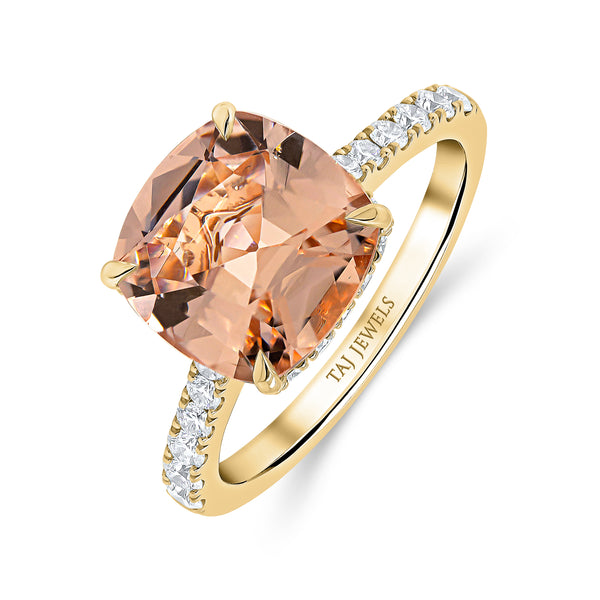 Morganite Cushion Cut Centre & Diamond Under Halo Ring