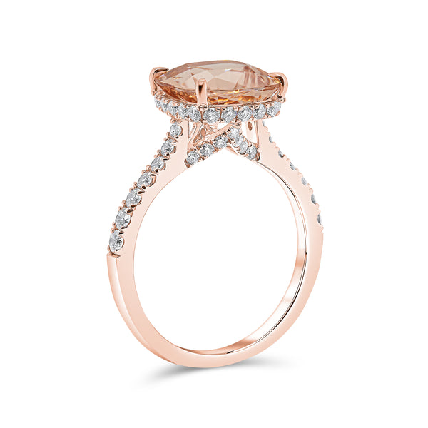 Morganite Cushion Cut Centre & Diamond Under Halo Ring