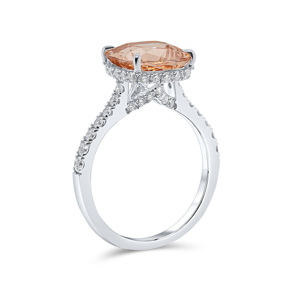 Morganite Cushion Cut Centre & Diamond Under Halo Ring