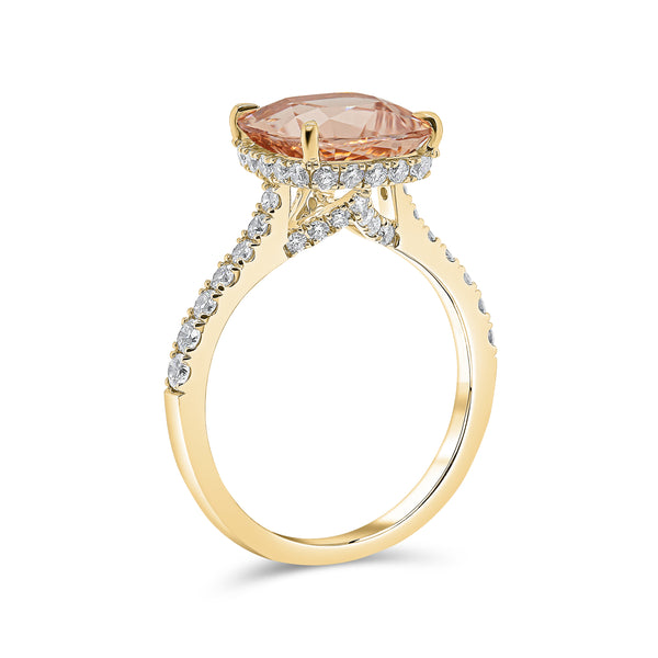 Morganite Cushion Cut Centre & Diamond Under Halo Ring