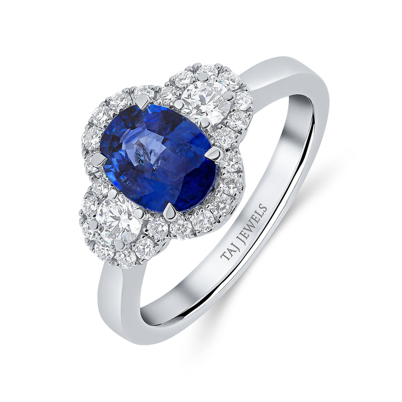 Trilogy Oval Shape Solitaire Blue Sapphire and Round Brilliant Diamond Ring