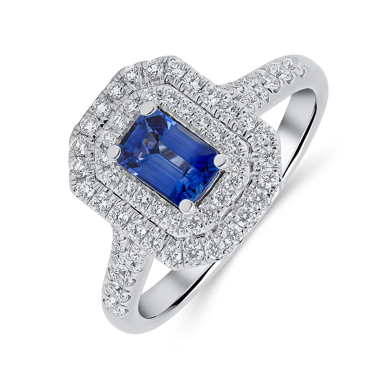 Emerald Cut Double Halo Blue Sapphire Diamond Ring