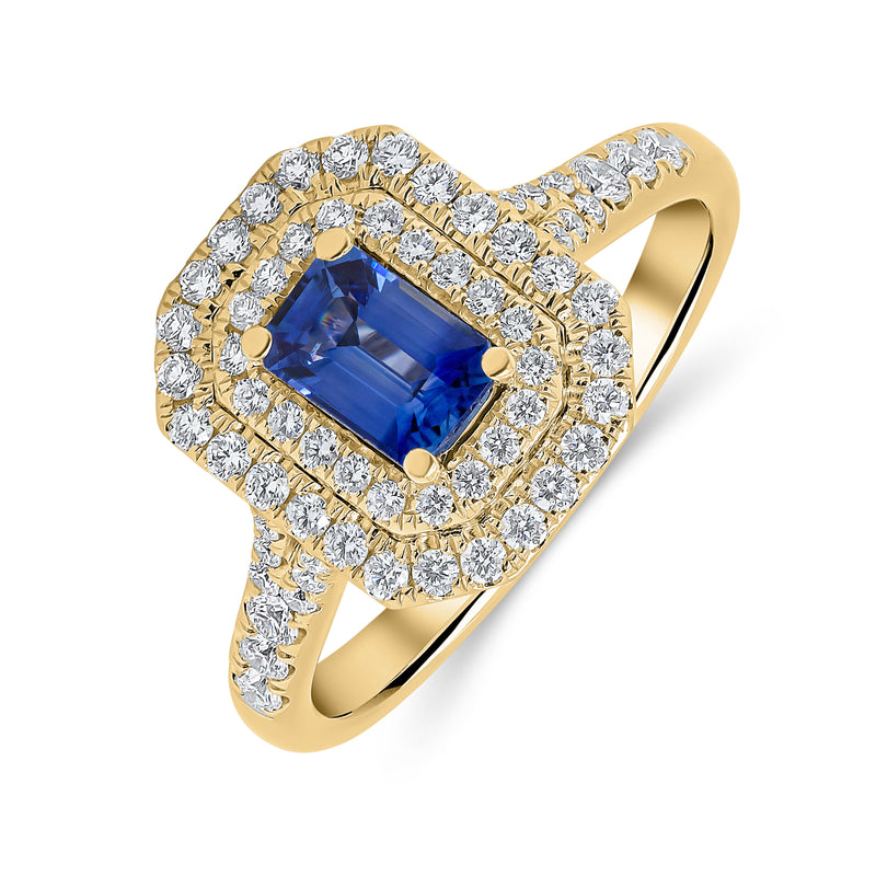 Emerald Cut Double Halo Blue Sapphire Diamond Ring