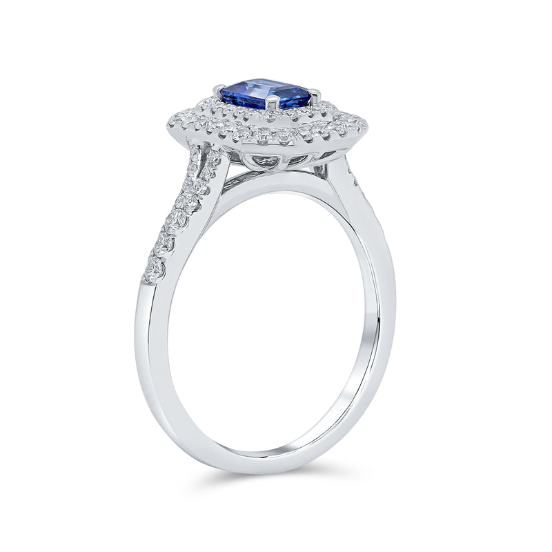 Emerald Cut Double Halo Blue Sapphire Diamond Ring
