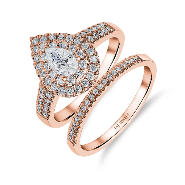 Pear Shape Double Halo Diamond Ring & Matching Band