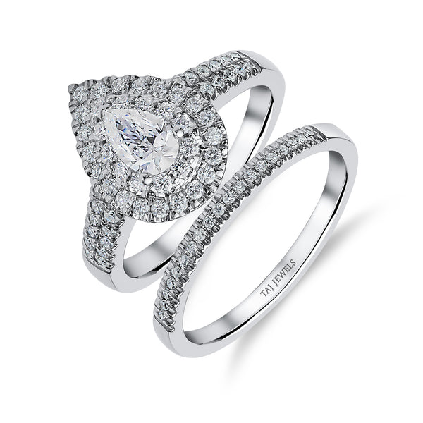 Pear Shape Double Halo Diamond Ring & Matching Band