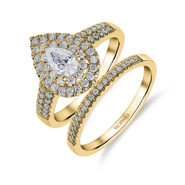 Pear Shape Double Halo Diamond Ring & Matching Band