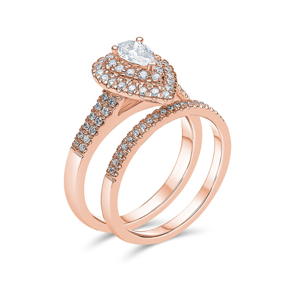 Pear Shape Double Halo Diamond Ring & Matching Band