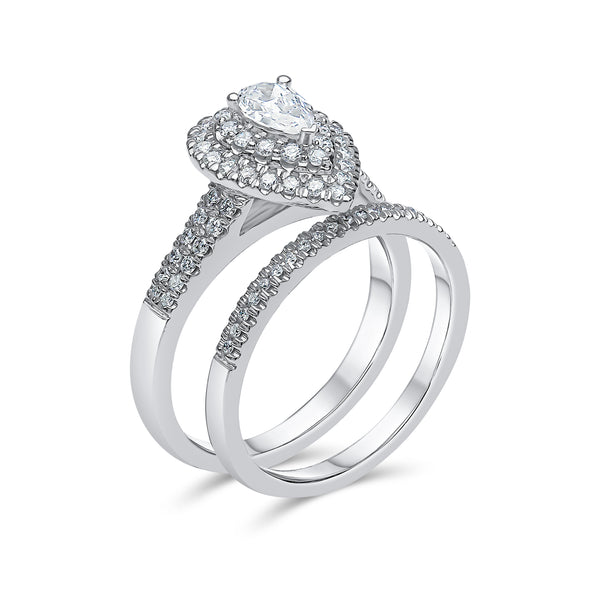 Pear Shape Double Halo Diamond Ring & Matching Band