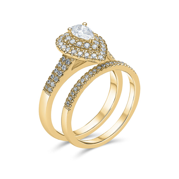Pear Shape Double Halo Diamond Ring & Matching Band