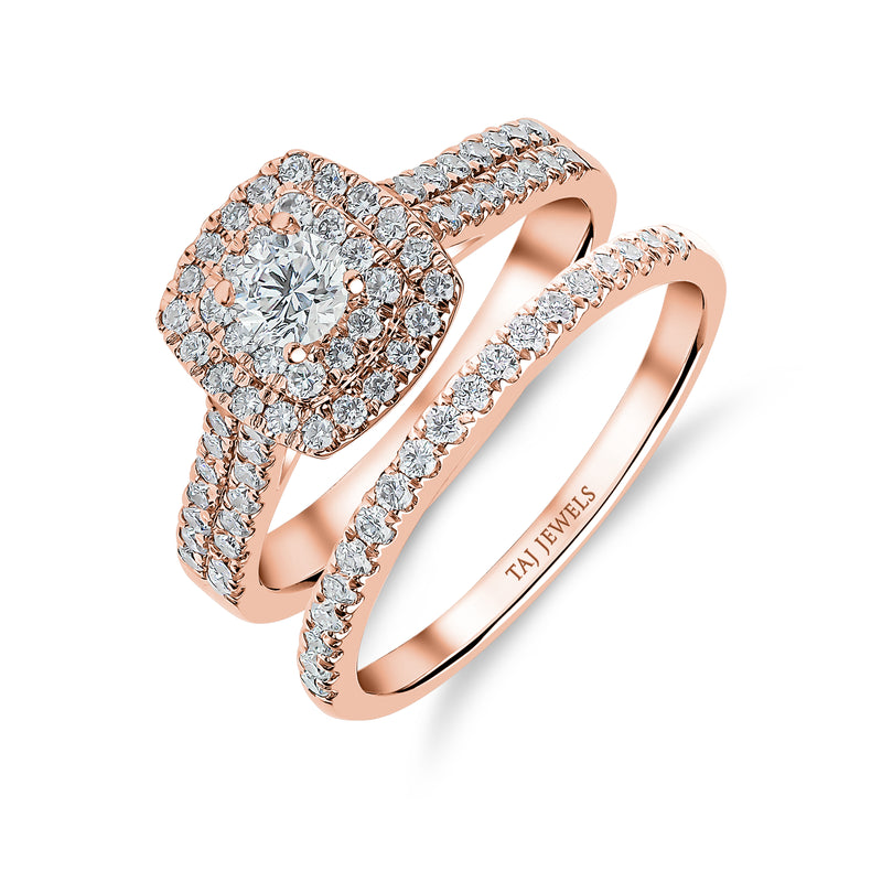 Round Brilliant Double Halo Diamond Ring Matching Band – Taj