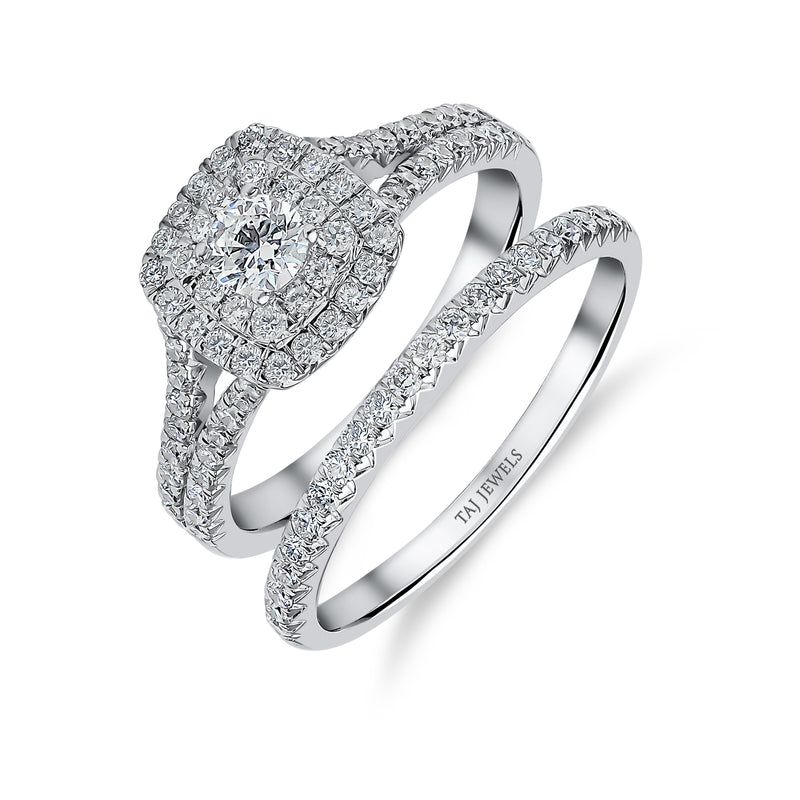 Double Halo Split Shank Diamond Ring with Matching Band