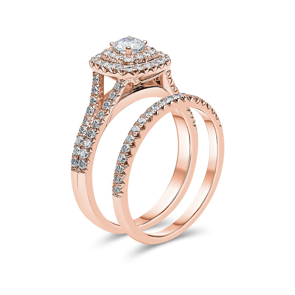Double Halo Split Shank Diamond Ring with Matching Band