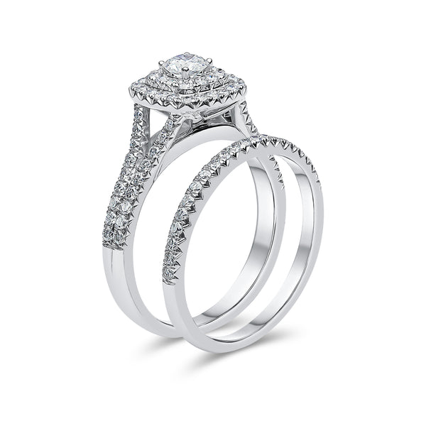 Double Halo Split Shank Diamond Ring with Matching Band
