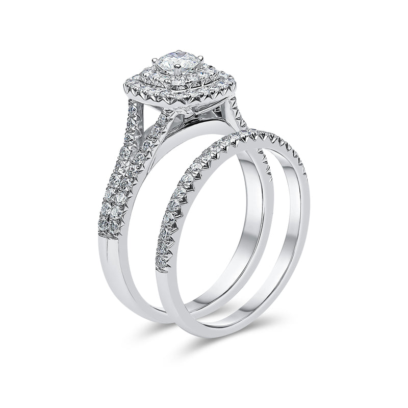 Double Halo Split Shank Diamond Ring with Matching Band