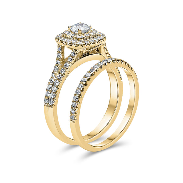 Double Halo Split Shank Diamond Ring with Matching Band
