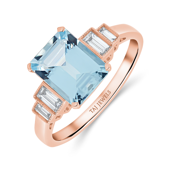 Aquamarine Emerald Cut Centre & Baguette Diamonds Ring