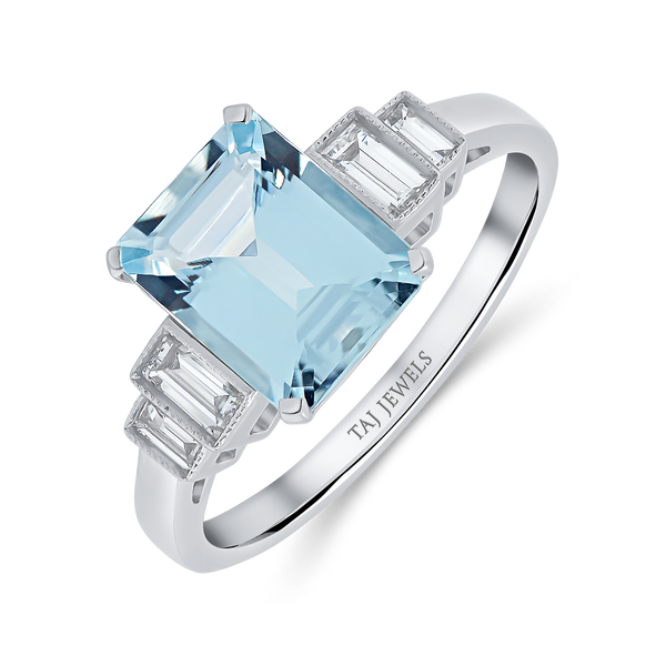 Aquamarine Emerald Cut Centre & Baguette Diamonds Ring