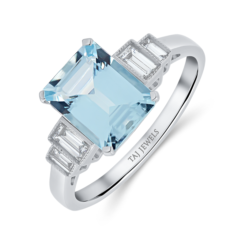 Aquamarine Emerald Cut Centre & Baguette Diamonds Ring