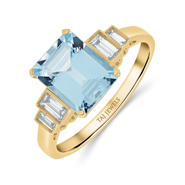 Aquamarine Emerald Cut Centre & Baguette Diamonds Ring