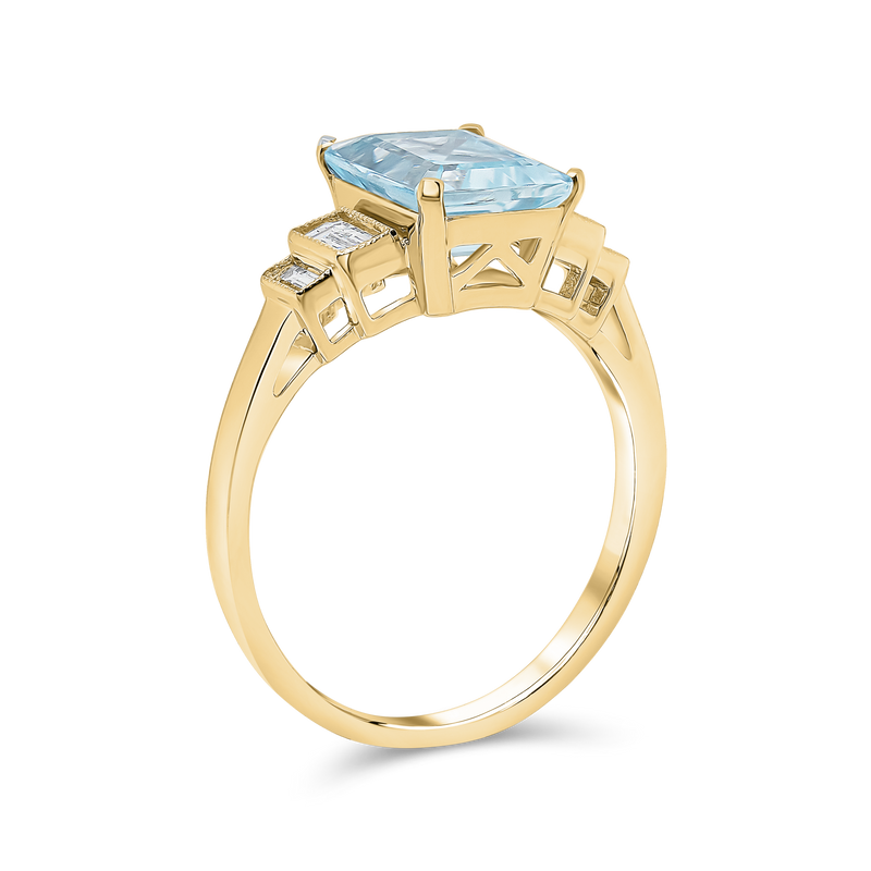 Aquamarine Emerald Cut Centre & Baguette Diamonds Ring