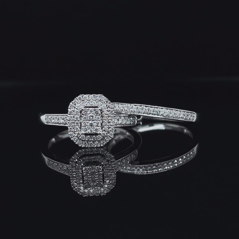 Radiant Shape Double Halo Diamond Ring and Matching Band