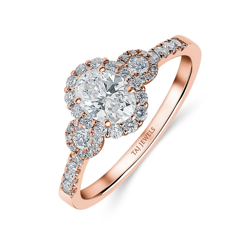 Oval Shape Single Halo Trilogy Diamond Ring