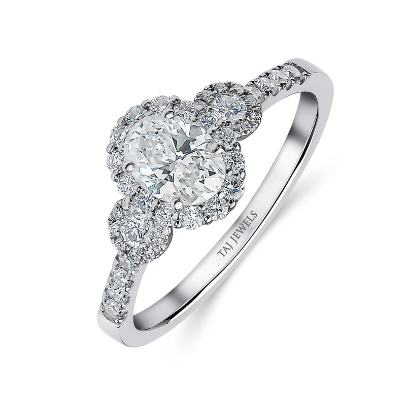 Oval Shape Single Halo Trilogy Diamond Ring