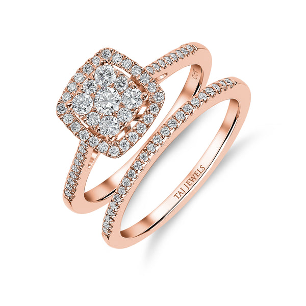Cushion Shape Cluster Halo Diamond Ring & Matching Band