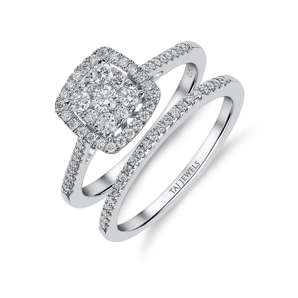 Cushion Shape Cluster Halo Diamond Ring & Matching Band