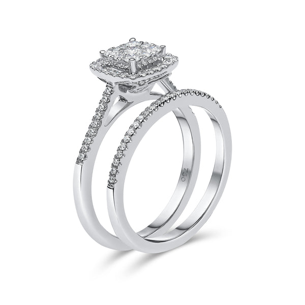 Cushion Shape Cluster Halo Diamond Ring & Matching Band