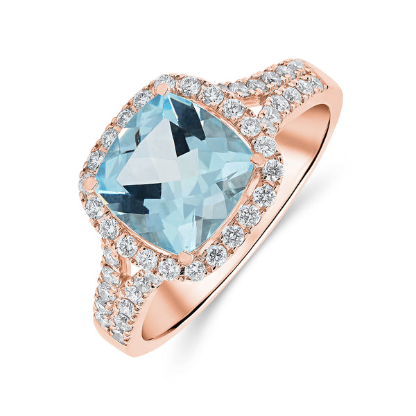 Aquamarine Cushion Cut Centre & Diamond Halo Ring